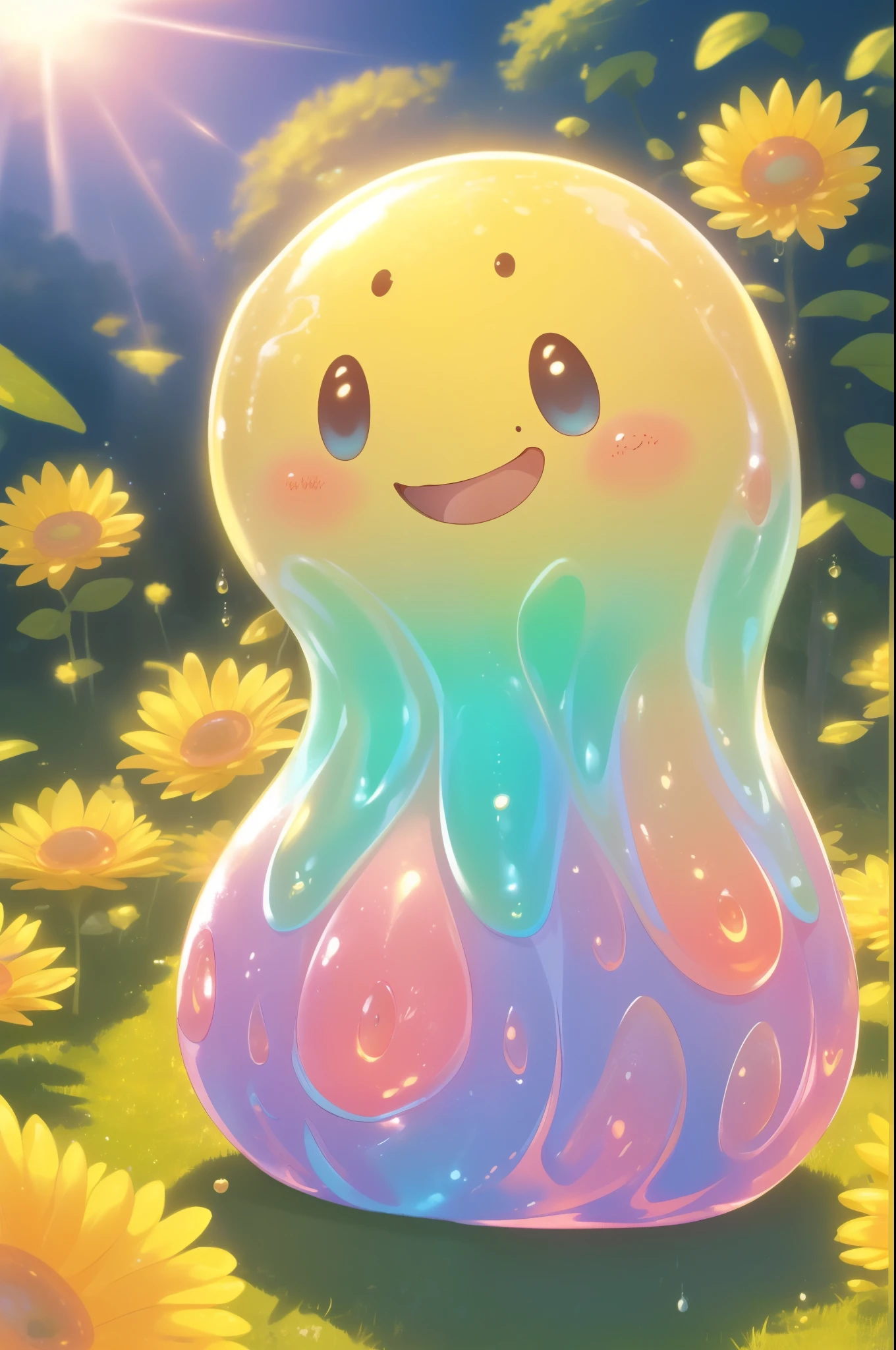 Cute cartoon style claymation of an adorable pastel rainbow colored jelly slime character waving, sitting on a giant sunflower, vibrant colors, smooth textures, dynamic pose, perfect illustration