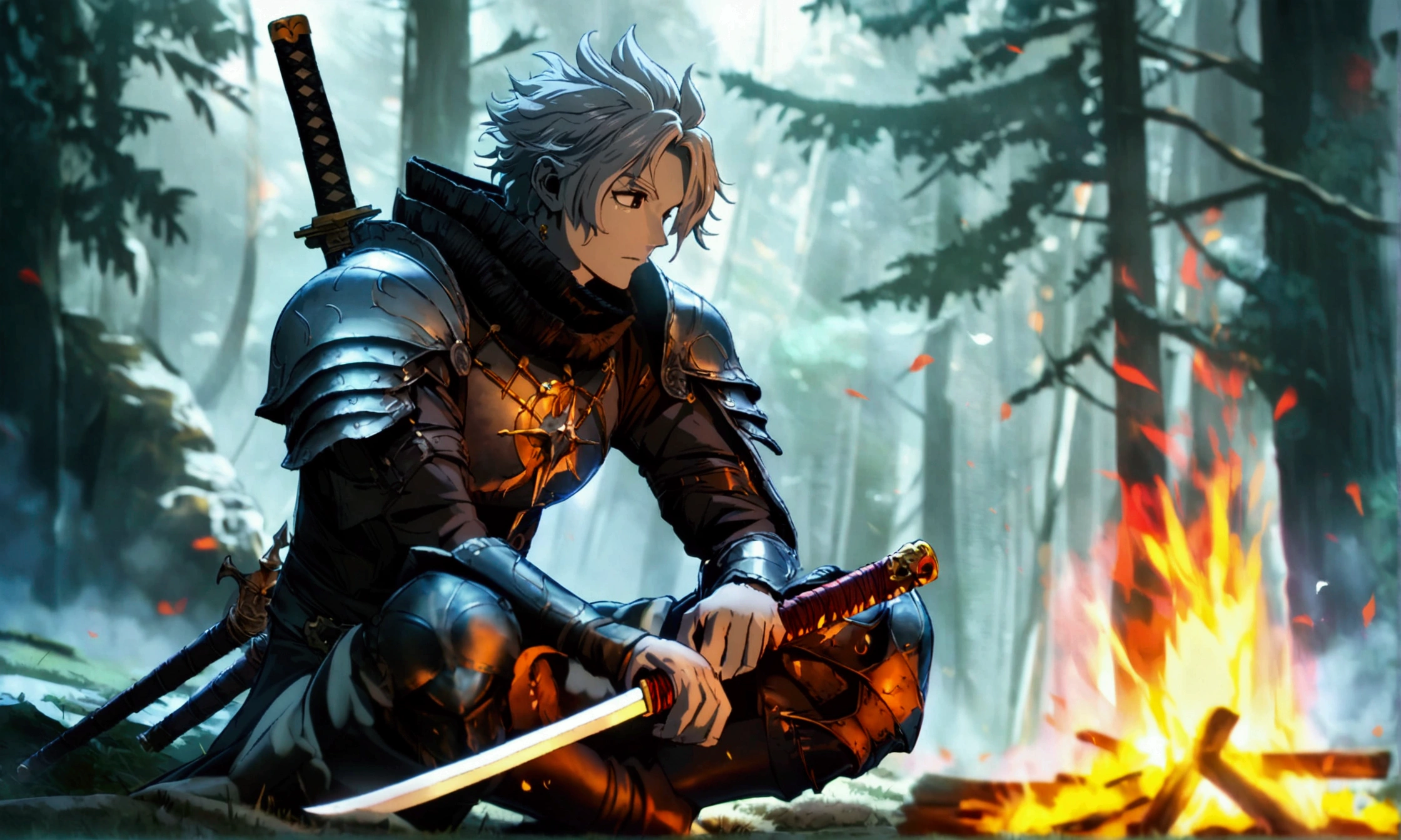 Man, gray skin, long gray hair in an exkrillex style, black eyes, dark souls style armor, necklace with a sun symbol, carrying two katanas, resting by a campfire, "Anime character design inspired by One Piece, full of dramatic and impressive lighting, focus on the centralized character, impressive face, full of creative details, ultra-fine 4K design, scenery bathed in creativity, boasting 2D anime resolution clarity, HD anime graphics, high-octane rendering"