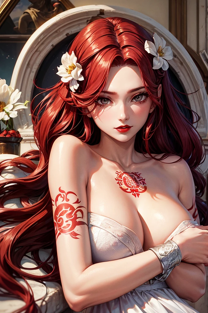 a 25-year-old young woman, with slanted eyes and a thin face, with red head, fair skin and brown eyes, wearing red lipstick and a white flowery dress, with a tattoo of the medusa from mythology Greek on the right arm.