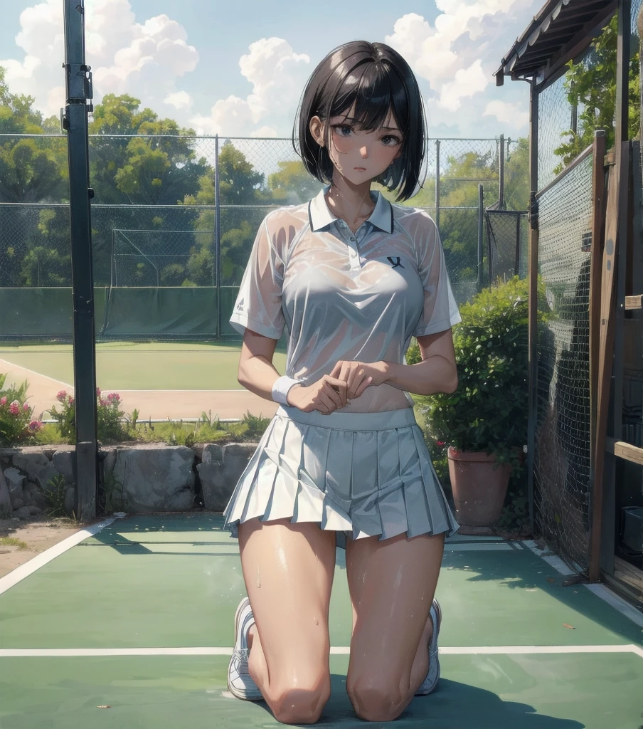 ((Masterpiece)), ((Best Quality)),Ultra High Resolution, Caustics, (Detailed, Beautiful Detailed FACE),Perfect Anatomy,nsfw,cowboy shot,solo20 year old beauty、Japanese、black hair,short bob hair,black eyes,slender body,ideal ratio body proportions,medium breasts,tan skin,gleaming skin,oily skin,shiny skin,(sweat:1.4,kneeling),painful expression、heavy breathing、steam,,(tennis wear、white polo shirt、White pleated mini skirt、perfect white panties,Clothes that are see-through with sweat),outdoors、Tennis court、