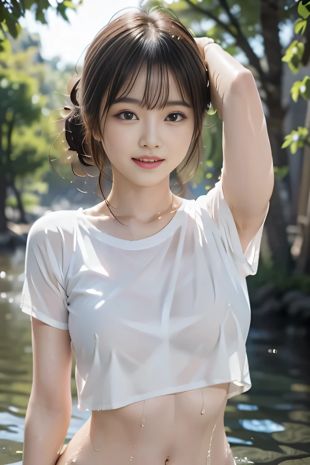 Mastepiece, Best Quality, (Highest quality、8k、masterpiece:1.3)、Ultra-high resolution、Physically Based Rendering、(Photorealistic:1.37)、Beautiful woman with perfect body:1.4、Slim abdomen:1.2、Highly detailed face and skin texture、 Red Cheeks、White skin、Narrow waist,Thin legs、Highest quality,Very beautiful woman, (cute:1.2),Perfect Glowing Skin、((In the river))、(((Lower body nude)))、(((Pubic hair is visible)))、smile、(((Wet T-shirt)))、(((Wet body)))、((Hair blowing in the wind))、((Flower Hair Ornaments))、((Place your hands behind your head.))