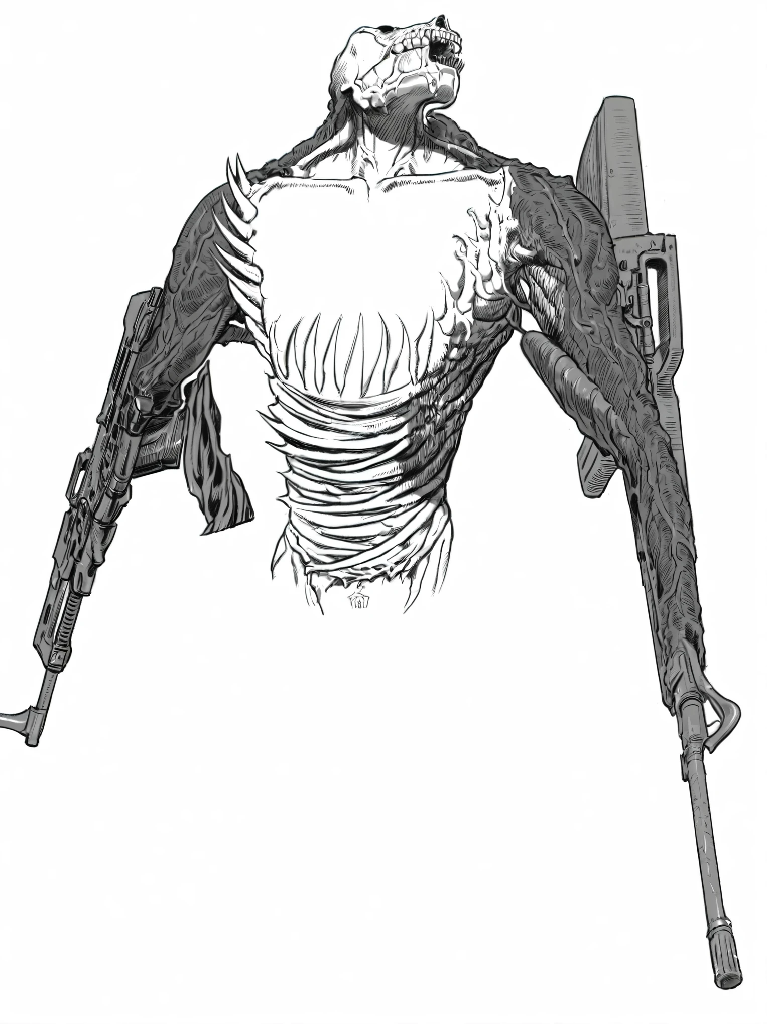 a drawing of a demon, intricate veins upper body, detailed upper with veins, flesh merging on body, fleshy muscle with veins exposed, upper body close - up, from berserk, spikes made from bones in waist, exposed spike in torso, left arm is made of m16 gun and right arm is made of AK gun