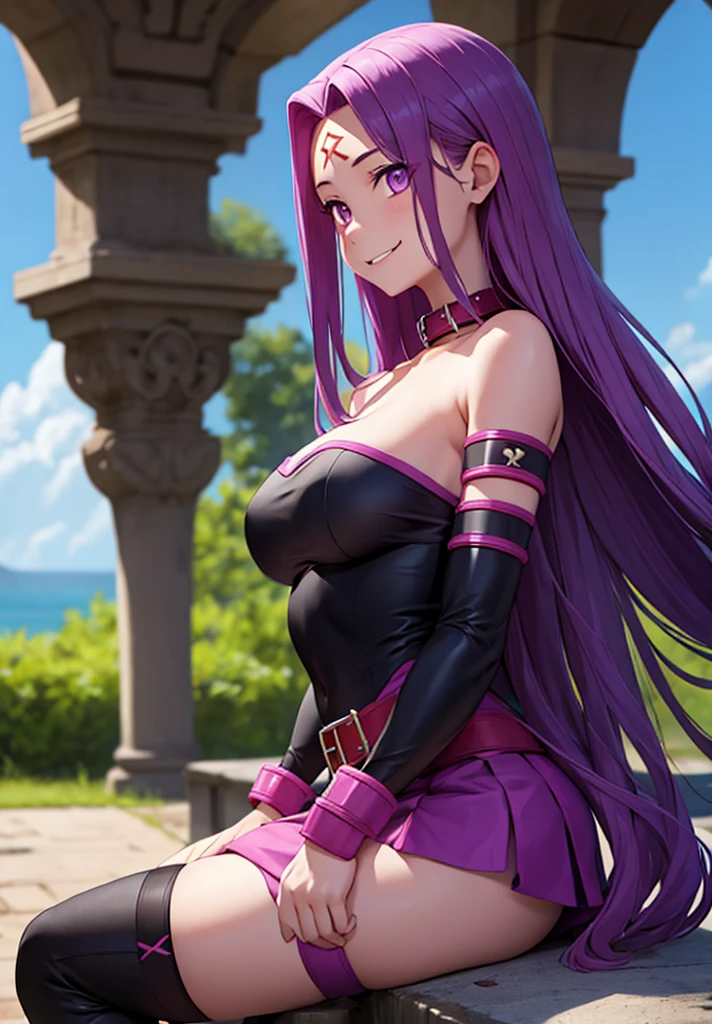 1girl, purple hair, absurdly long hair, forehead mark, purple eyes, animal collar, short dress, skirt, detached sleeves, arm belt, bracelet, thighhighs, sitting, from side, looking at viewer, smile, teeth, outdoors, ruins  score_9, score_8_up, score_7_up, score_6_up, score_5_up, score_4_up, (m-da s-tarou:0), masterpiece