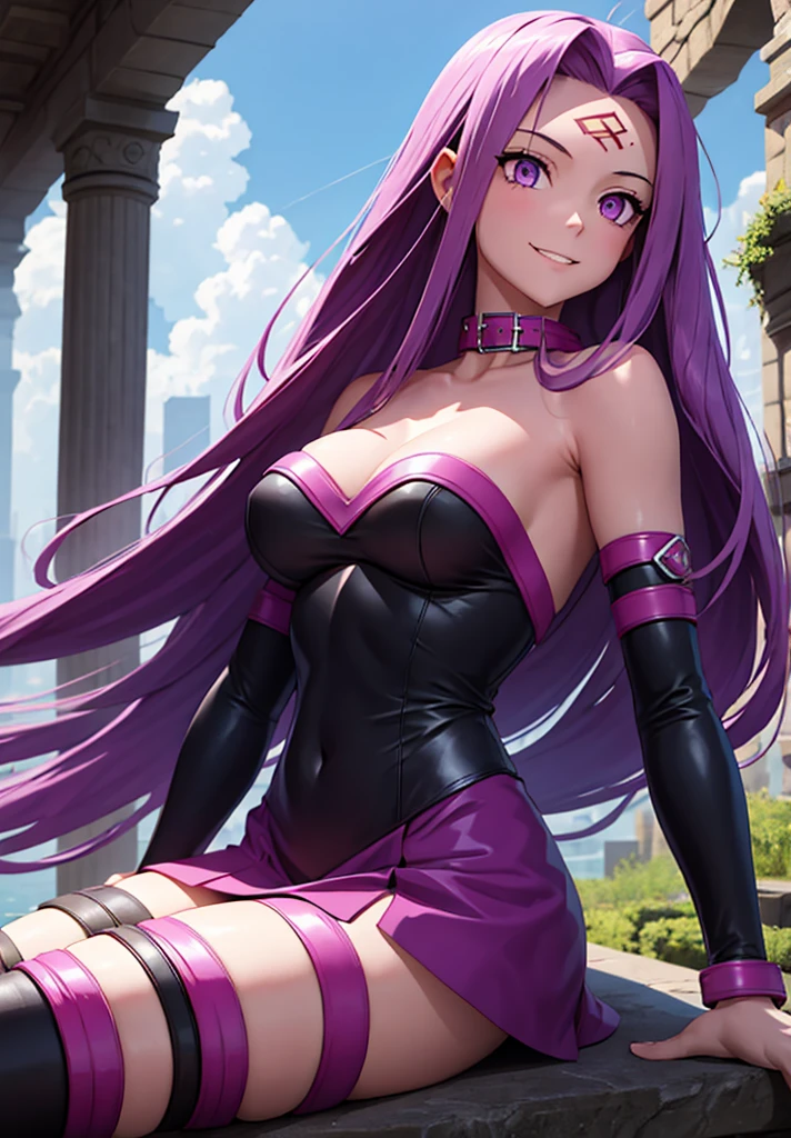 1girl, purple hair, absurdly long hair, forehead mark, purple eyes, animal collar, short dress, skirt, detached sleeves, arm belt, bracelet, thighhighs, sitting, from side, looking at viewer, smile, teeth, outdoors, ruins score_9, score_8_up, score_7_up, score_6_up, score_5_up, score_4_up, (m-da s-tarou:0), masterpiece