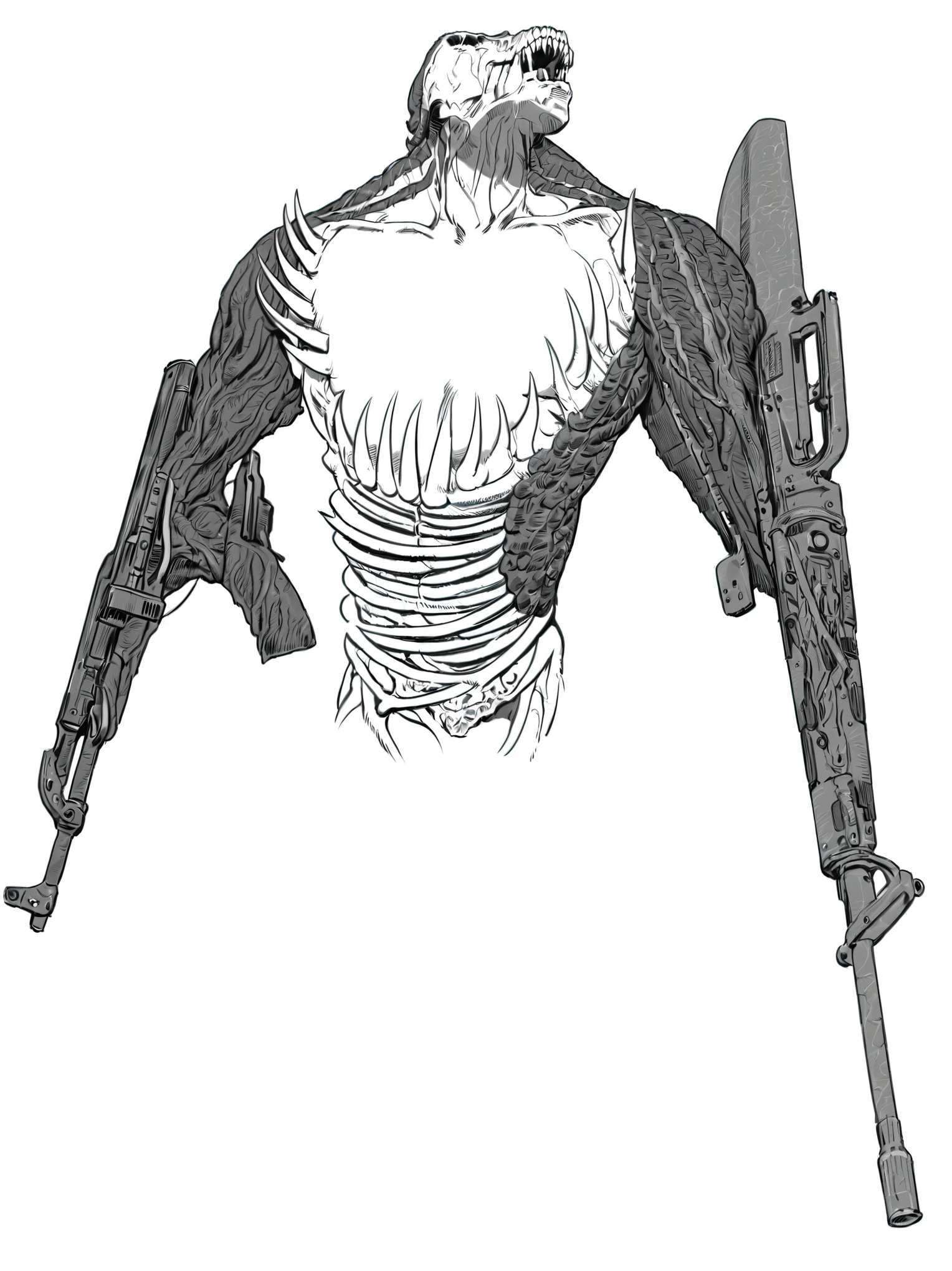 a drawing of a demon, intricate veins upper body, detailed upper with veins, flesh merging on body, fleshy muscle with veins exposed, upper body close - up, from berserk, spikes made from bones in waist, exposed spike in torso, left arm is made of m16 gun and right arm is made of AK gun
