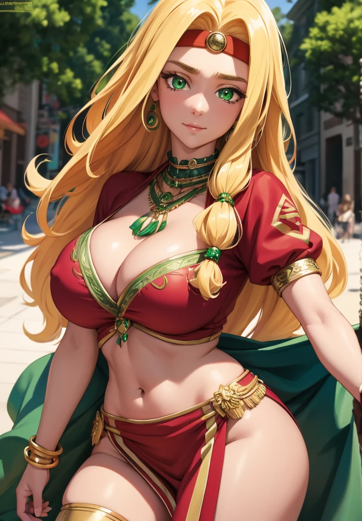 quetzalcoatl, quetzalcoatl, long hair, sidelocks, yellow hair, (green eyes:1.5), wavy hair, (large breast:1.2),
BREAK aztec, bracelet, choker, headband, headdress, jewelry, midriff, navel, short sleeves, wristlet,
BREAK looking at viewer,
BREAK outdoors,
BREAK (masterpiece:1.2), best quality, high resolution, unity 8k wallpaper, (illustration:0.8), (beautiful detailed eyes:1.6), extremely detailed face, perfect lighting, extremely detailed CG, (perfect hands, perfect anatomy),