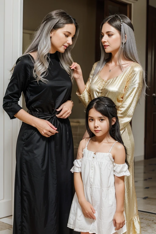 An older woman with gray hair has two daughters, one with black hair and a white one, she loves her very much, and she has the pretty girl with golden hair as a servant.