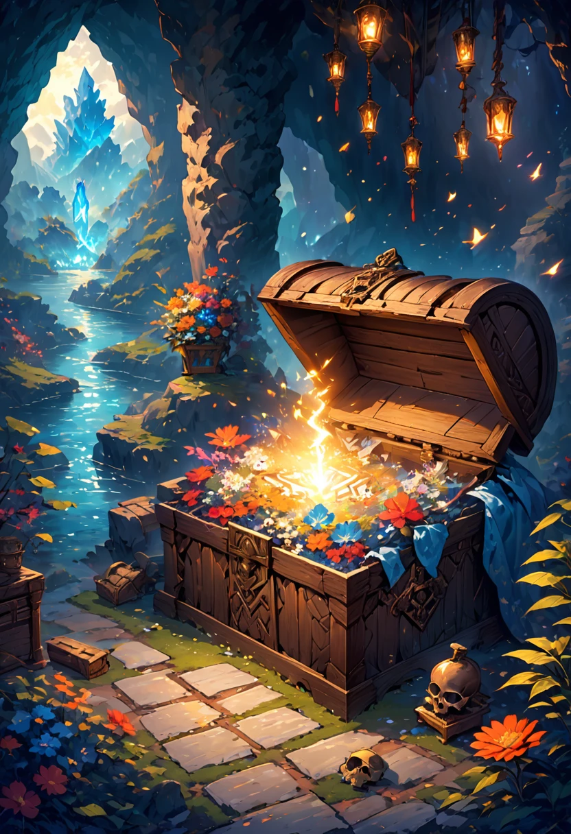 In a dark and gloomy cave, Only the light of the slow burning torches, There is an ancient fantasy treasure chest. The box is covered with runes,Exudes a magical light,Casts mysterious shadows on the walls surrounding the cave. It sits on an altar decorated with warrior bones and dragon skulls.. The box itself looks like a keeper of a world of magic and adventure.. When opening the box, Its lid slowly rises, Glow from within, As if releasing magical energy. Create a piece of concept art,Capture the magical moment of opening a fantasy treasure chest,Bringing a sense of magic and mystery.,Magic shop feeling,