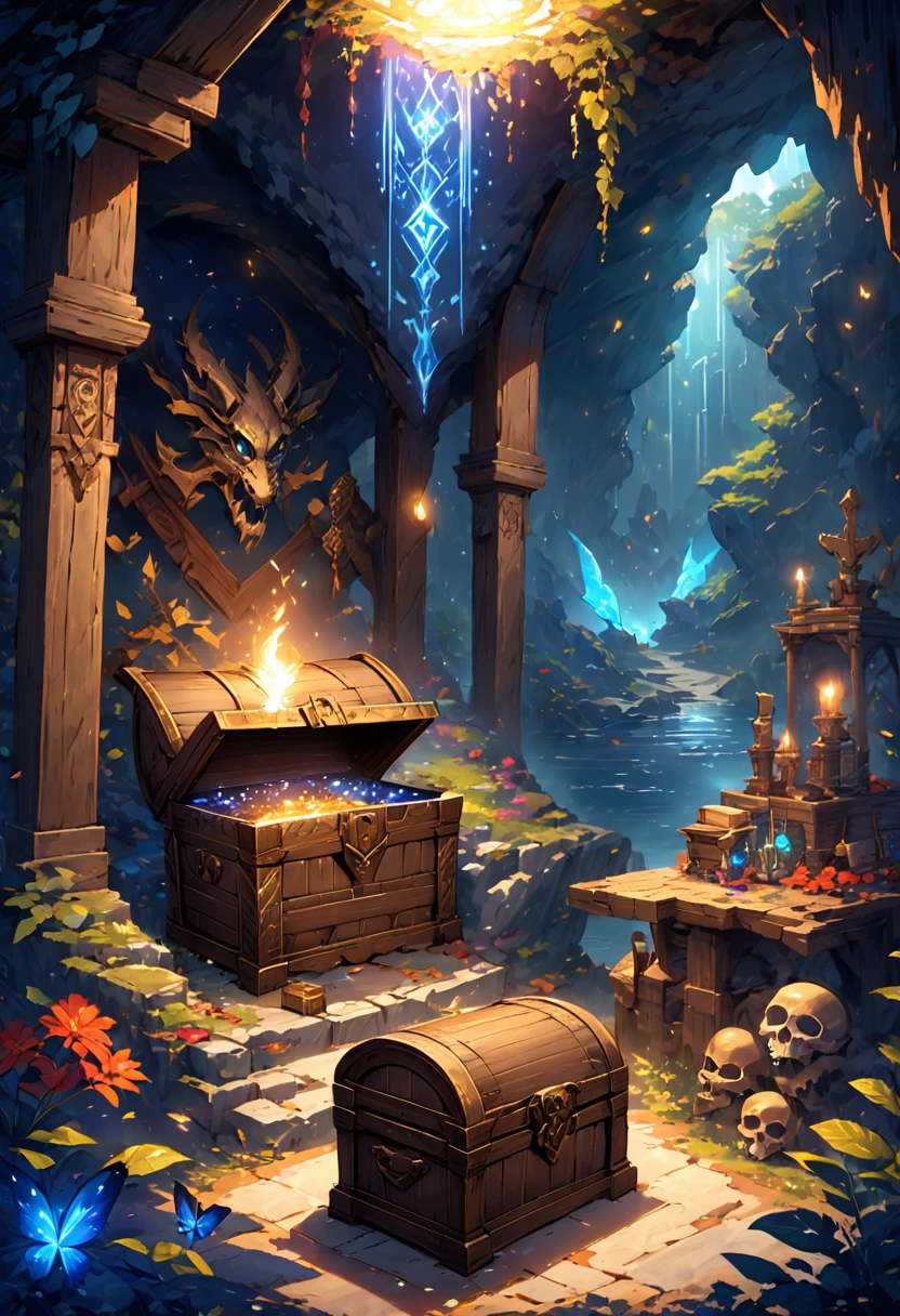 In a dark and gloomy cave, Only the light of the slow burning torches, There is an ancient fantasy treasure chest. The box is covered with runes,Exudes a magical light,Casts mysterious shadows on the walls surrounding the cave. It sits on an altar decorated with warrior bones and dragon skulls.. The box itself looks like a keeper of a world of magic and adventure.. When opening the box, Its lid slowly rises, Glow from within, As if releasing magical energy. Create a piece of concept art,Capture the magical moment of opening a fantasy treasure chest,Bringing a sense of magic and mystery.,Magic shop feeling,