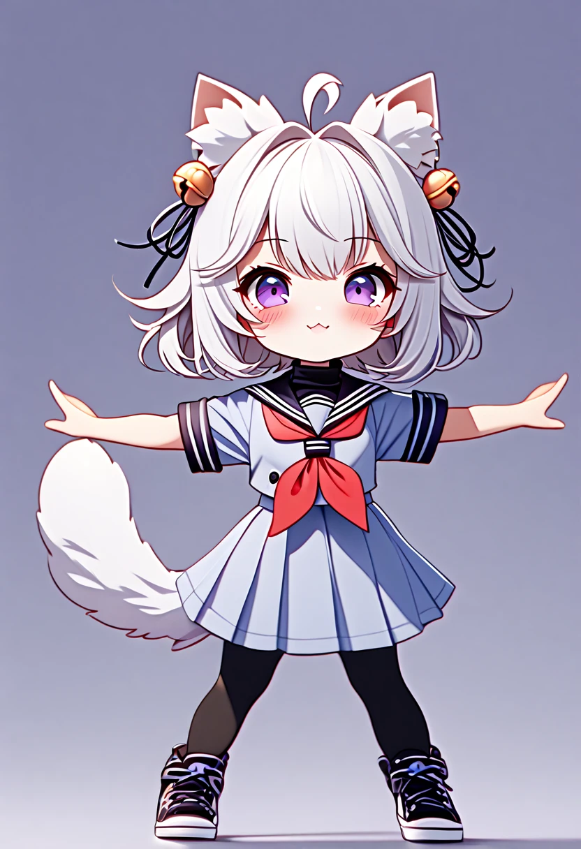 master piece, best quality, ultra-detailed, illustration, 1girl, solo, chibi, (big head), cute pose, flying pose, front view, looking at viewer. Filiansailor, ((purple hairclip)), hair bell, white hair, short hair, cat ears, ahoge, purple eyes, blush, laughing, fluffy tail, serafuku, black turtleneck, short sleeve, red neckerchief, blue skirt, black stockings, sneaker shoes, ((simple background)),