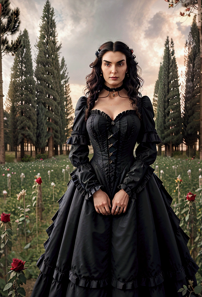 Home Gothic couple and woman with their little daughter, (one men, a woman and a child) There are 3 people, with a beautiful 11 year old Mexican with wavy hair ((He in black Victorian clothes, ruffled neck collar, ruffled sleeve collar, Longhaire pretos, 1,90 metros de altura,Longhaire, straight half wavy, tall similar to Christopher Reeve and Peter Steele)),((ultrarealistic)),((hyper realist)),((the night)),((She in a Victorian dress,Longhaire e pretos, she with 1,58 m)), (( Scenario, in a flower field with roses, cloudy and some distant pine trees and trees near a lake)).