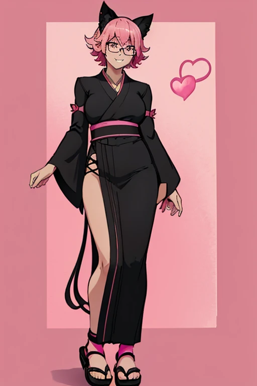 female, pink short hair, red eyes, black cat ears, pink cat tail, (((1girl))), (((pink and black kimono))), (black Japanese sandals), (pink tinted glasses), cute and sexy, full body, modest breasts, long legs, smiling