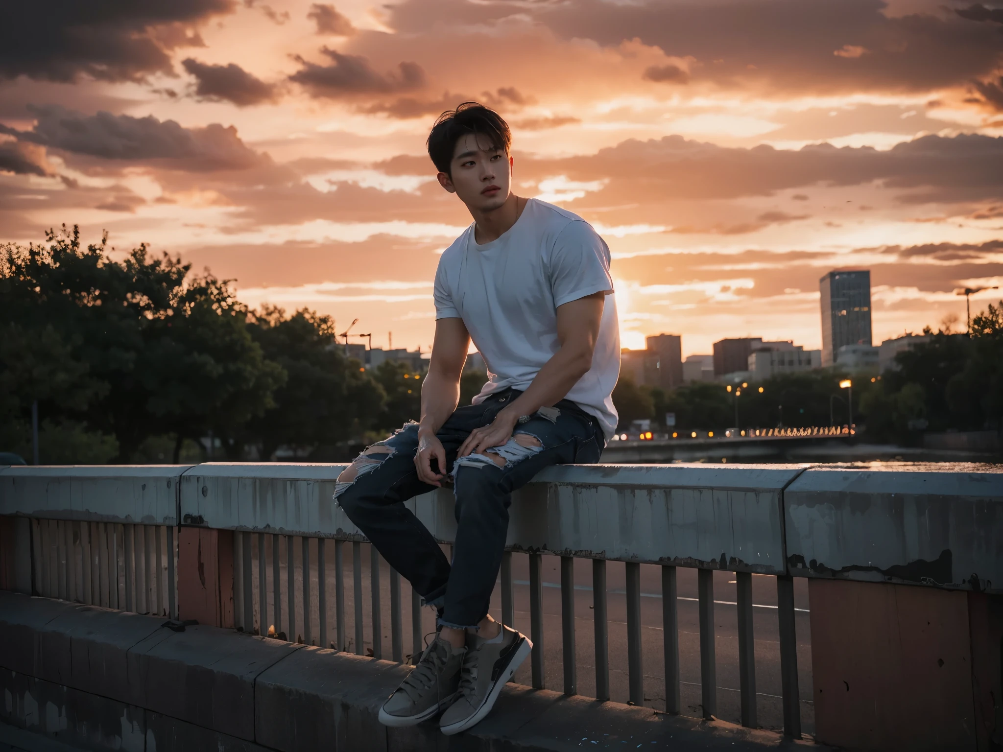 1 korean men, flanel, torn black jeans, sitting on the fence, best quality, masterpiece, photo realistic, intricate details, raw photo, photon rendering, octane render, absurdres, ultra detailed, detailed face, detailed skin, trending on artstation,8k masterpiece,cinematic lighting, scenery, scenery, no humans, cityscape, sky, city, cloud, outdoors, building, sunset, city lights, bridge, river, tree, roadn, photo, cinematic, portrait photography, fashion