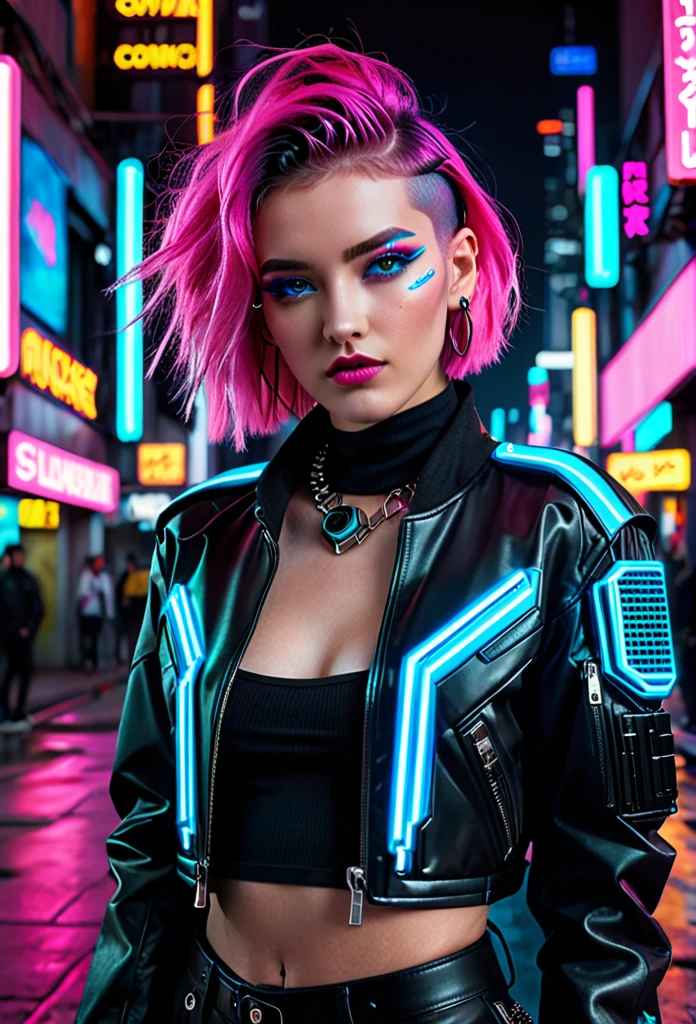 The image depicts a person with a striking cyberpunk-inspired look. The individual has a short, dyed hair style with vibrant shades of pink and blue, and their makeup is equally bold, featuring neon accents that complement the hair colors. They are wearing a black leather jacket adorned with neon pink and blue accents, giving it a futuristic, high-tech appearance. The jacket has a distinctive design with what appears to be a camera or sensor integrated into the chest area, adding to the cybernetic aesthetic.
The person is also wearing a black top with a similar neon design, and the overall outfit is completed with what seems to be a black choker necklace. The background is a cityscape at night, illuminated by neon lights, which enhances the cyberpunk theme of the image. The lighting and color grading contribute to a moody and atmospheric vibe, suggesting a setting that is both urban and otherworldly. The image is likely a creative concept or a promotional piece for a fashion or entertainment project that embraces the cyberpunk genre.