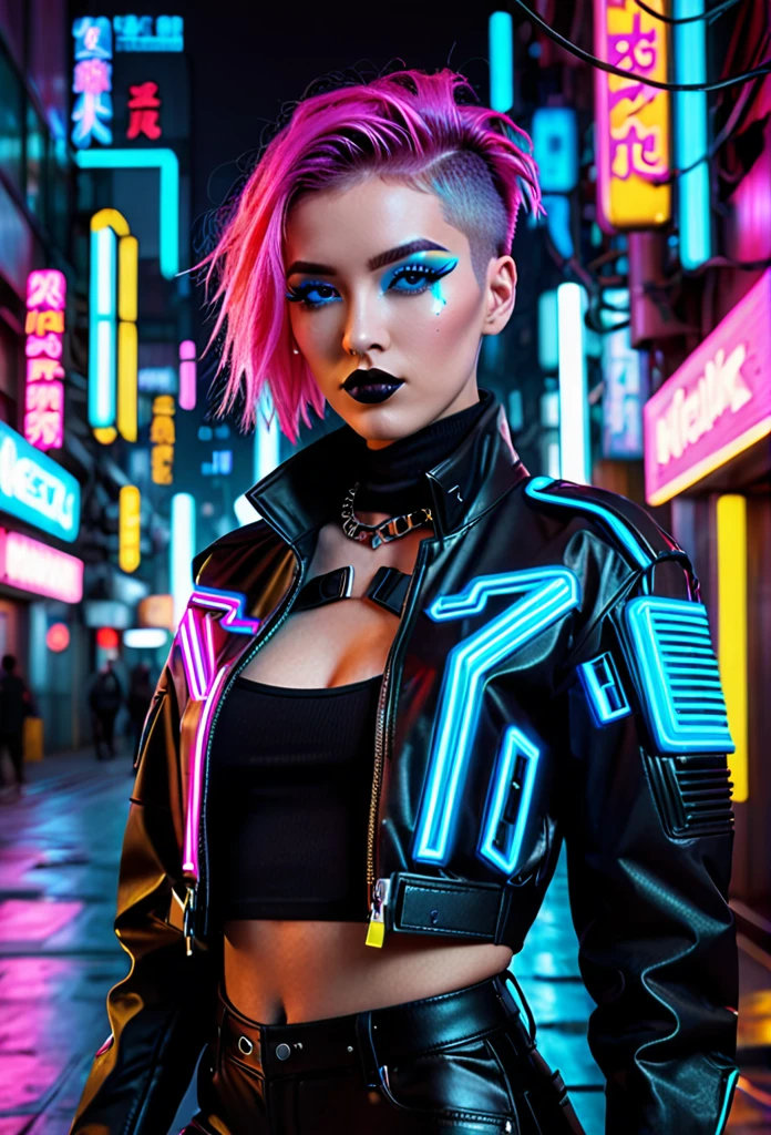 The image depicts a person with a striking cyberpunk-inspired look. The individual has a short, dyed hair style with vibrant shades of pink and blue, and their makeup is equally bold, featuring neon accents that complement the hair colors. They are wearing a black leather jacket adorned with neon pink and blue accents, giving it a futuristic, high-tech appearance. The jacket has a distinctive design with what appears to be a camera or sensor integrated into the chest area, adding to the cybernetic aesthetic.
The person is also wearing a black top with a similar neon design, and the overall outfit is completed with what seems to be a black choker necklace. The background is a cityscape at night, illuminated by neon lights, which enhances the cyberpunk theme of the image. The lighting and color grading contribute to a moody and atmospheric vibe, suggesting a setting that is both urban and otherworldly. The image is likely a creative concept or a promotional piece for a fashion or entertainment project that embraces the cyberpunk genre.