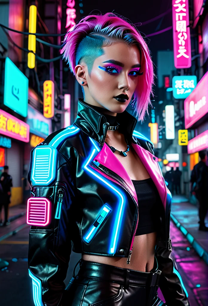 The image depicts a person with a striking cyberpunk-inspired look. The individual has a short, dyed hair style with vibrant shades of pink and blue, and their makeup is equally bold, featuring neon accents that complement the hair colors. They are wearing a black leather jacket adorned with neon pink and blue accents, giving it a futuristic, high-tech appearance. The jacket has a distinctive design with what appears to be a camera or sensor integrated into the chest area, adding to the cybernetic aesthetic.
The person is also wearing a black top with a similar neon design, and the overall outfit is completed with what seems to be a black choker necklace. The background is a cityscape at night, illuminated by neon lights, which enhances the cyberpunk theme of the image. The lighting and color grading contribute to a moody and atmospheric vibe, suggesting a setting that is both urban and otherworldly. The image is likely a creative concept or a promotional piece for a fashion or entertainment project that embraces the cyberpunk genre.
