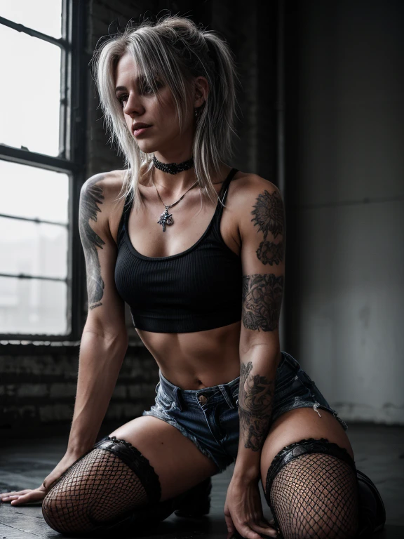 (best quality, highres, ultra-detailed), german emo girl, silver hair, skinny, small breasts, slim figure, 30 years old, black crop top, denim hot pants, squatting with legs wide apart, dimly lit room, soft and moody cinematic lighting, intense gaze, vibrant and contrasting colors, grunge aesthetic, tattooed arms, silver jewelry, torn fishnet stockings, leather boots, urban background with graffiti, melancholic sexual expression,