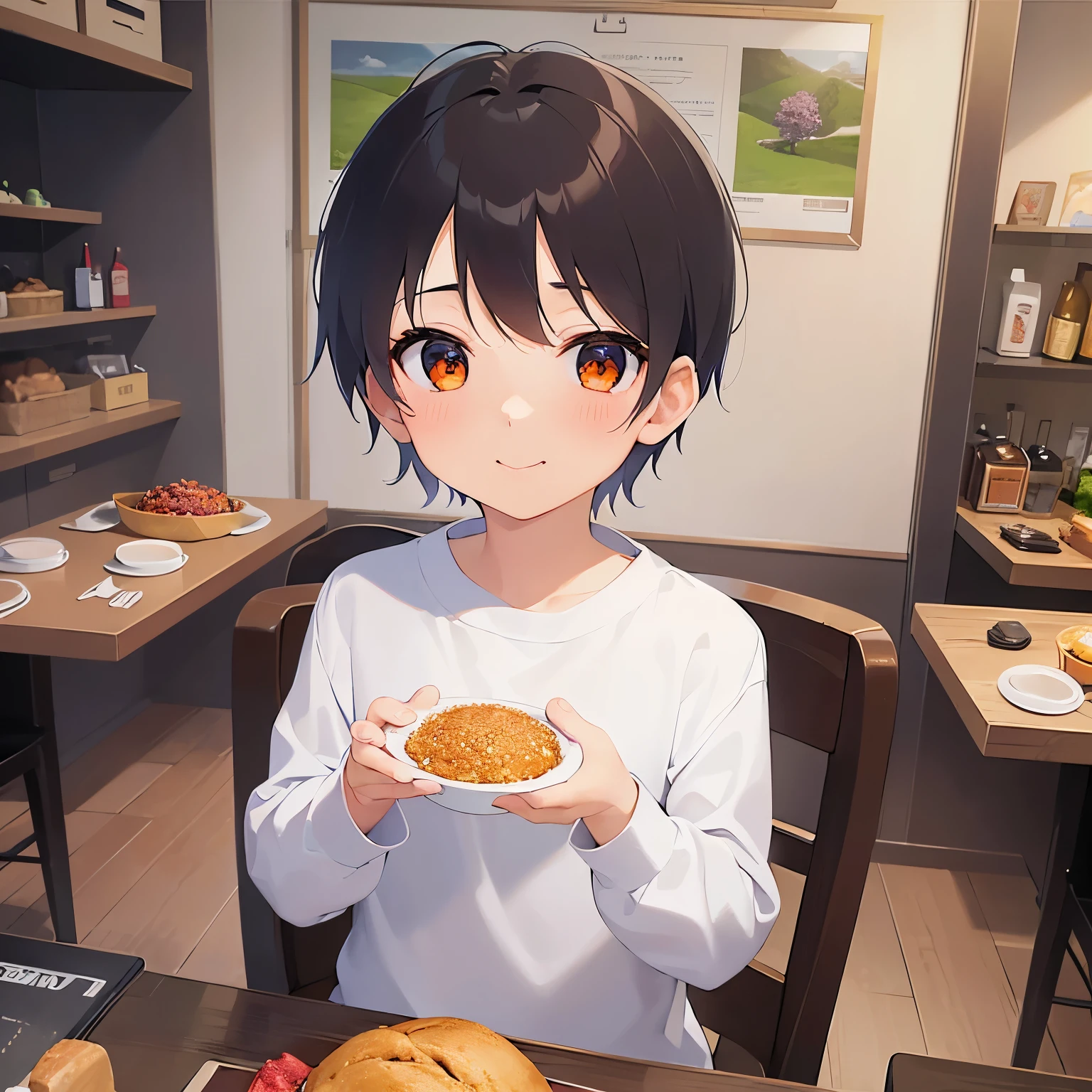 Eating rice、
、masterpiece、Highest quality、 (Short hair with brown bangs) and (Orange eyes) and (5 year old boy:1.5)、Boy,
(White long sleeve shirt)、
smile,The background is the interior of a restaurant at night.、（alone:1.5）