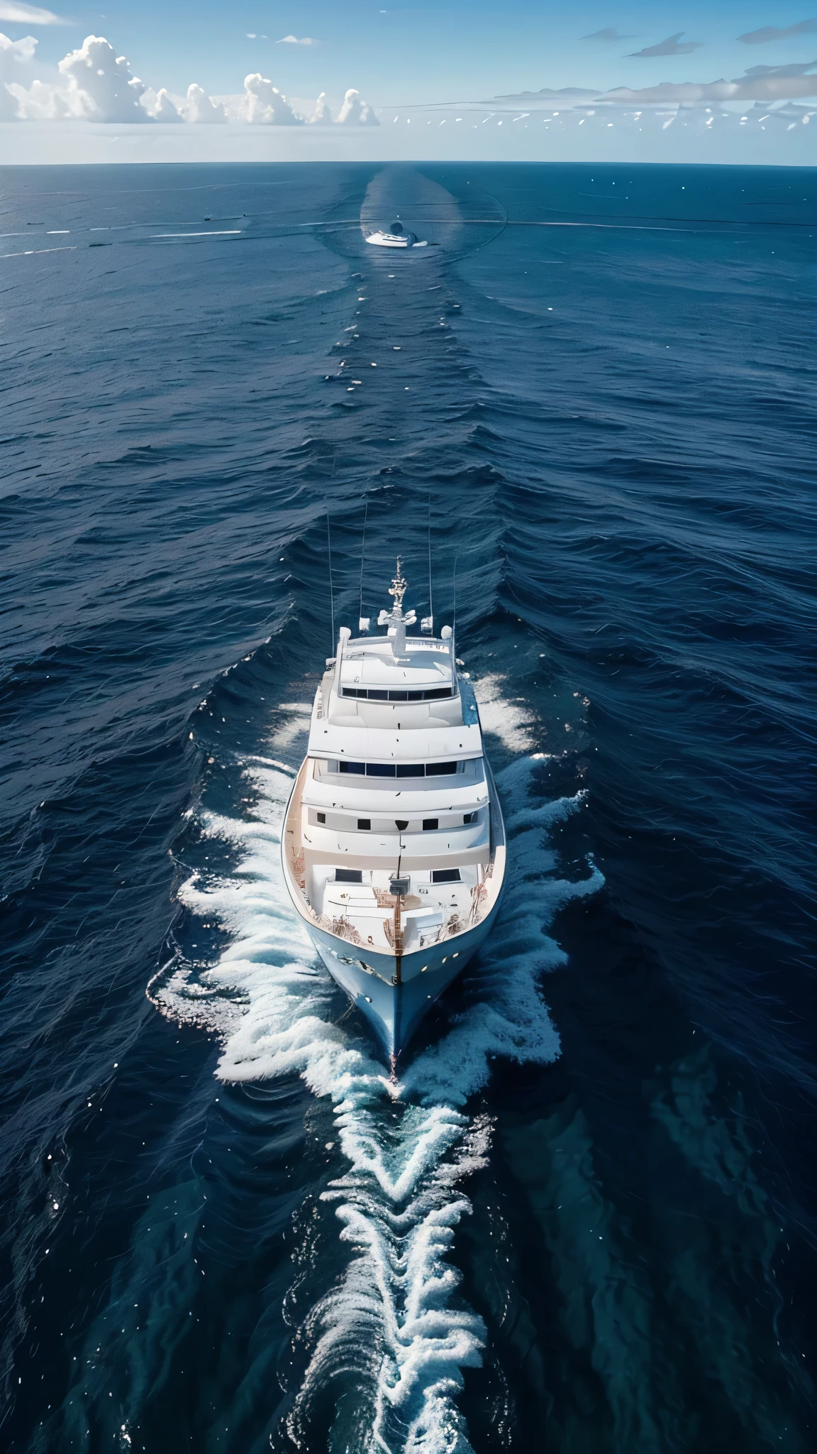 Generate an image of a majestic vessel or boat in the vast expanse of the ocean, surrounded by endless blue waters and perhaps a few sea creatures, with the horizon stretching out to meet the sky in the distance.