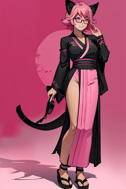 female, pink short hair, red eyes, black cat ears, pink cat tail, (((1girl))), (((pink and black kimono))), (black Japanese sandals), (pink tinted glasses), cute and sexy, full body, modest breasts, long legs, smiling