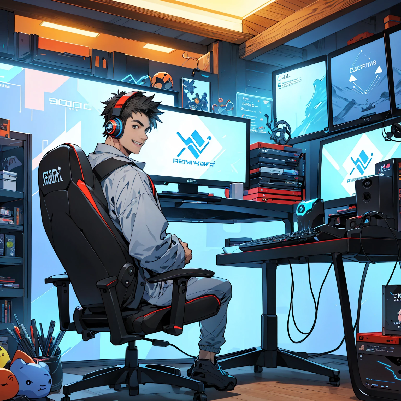 Draw a young man streaming in his room with his latest generation gaming computer, headset with lights, gamer setup streaming at the back of the room shelves full of geek objects where this character appears happy streaming his live to the whole world looking cool and full of very popular views.