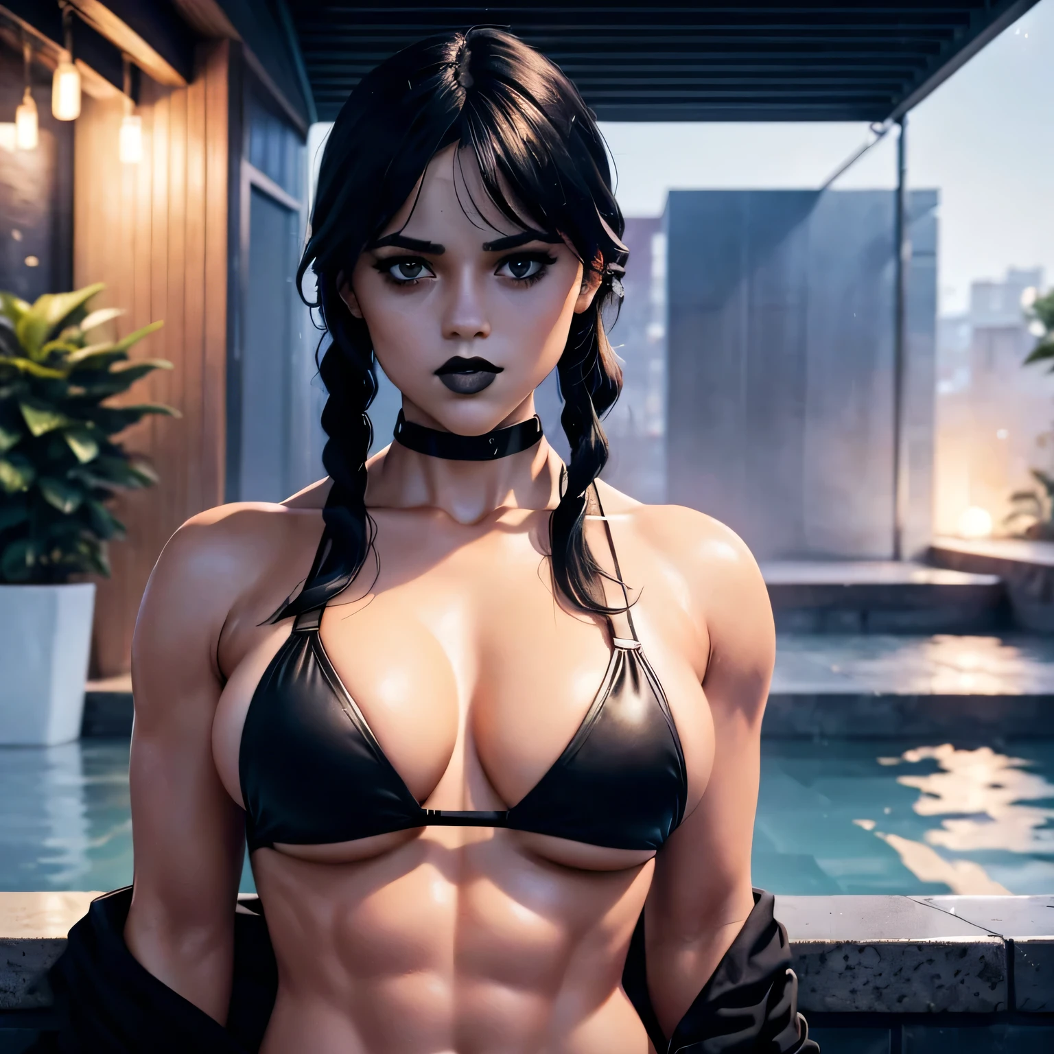 masterpiece, best quality, agrias, a woman, solo, wearing a tiny Black bikini, age 22, muscular, modern house patio, big breast, standing, head up, Night time,  (black eye makeup), (black lipstick), big breast