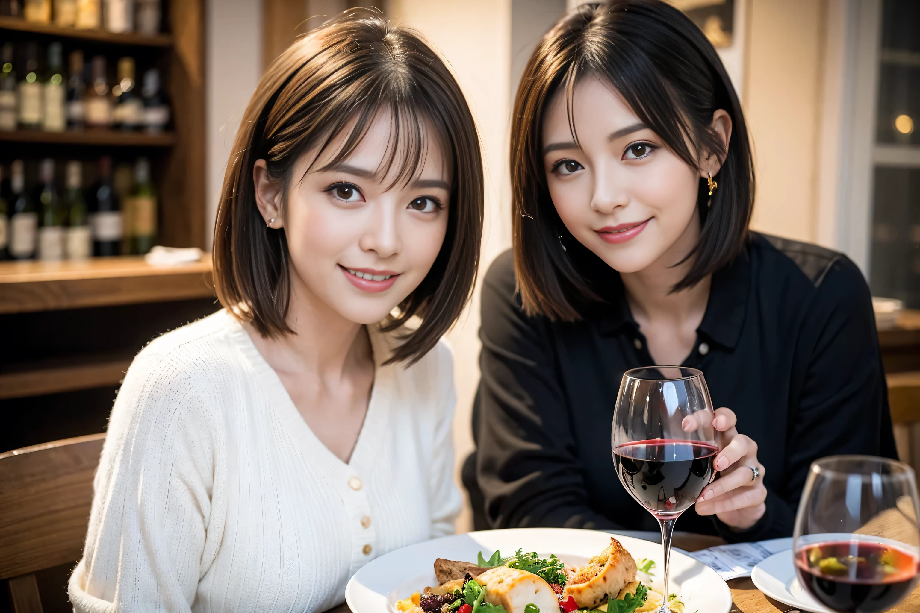 （Realistic:1.1）,(masterpiece,Highest quality)，8k,(49 years old), 50 years old, slimカップル、Tight waist,Upper Body,full-course dinner、wine 、Amazing view of the sunset sky and clouds、Perfect Anatomy, Brown Hair, short hair,Random Hairstyles,((Highly detailed face and eyes:1.2))，Perfect golden ratio face，Long sleeve shirt、dress,(smile:1.2)、Shortcuts、cute、(Realistic, Intricate details:1.2), A bright smile、short hair,Bright Face、赤wine 、Appetizers、Italian food、wine bottle、Champagne、スパークリングwine、(slimな顔), (The body is slim), (Brown Hair), (Shortcuts),  Upper Body, 白wine, slim, wineグラス, 