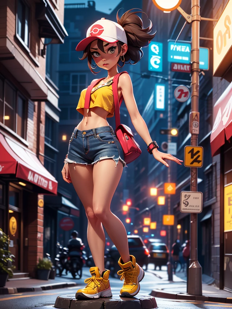 1 female, solo, Misty from Pokemon, masterpiece, very detailed, EnvyBetterHands LoCon, standing position, streets background, realistic body proportion, wearing a denim short, yellow crop top with straps, EnvyBetterHands LoCon