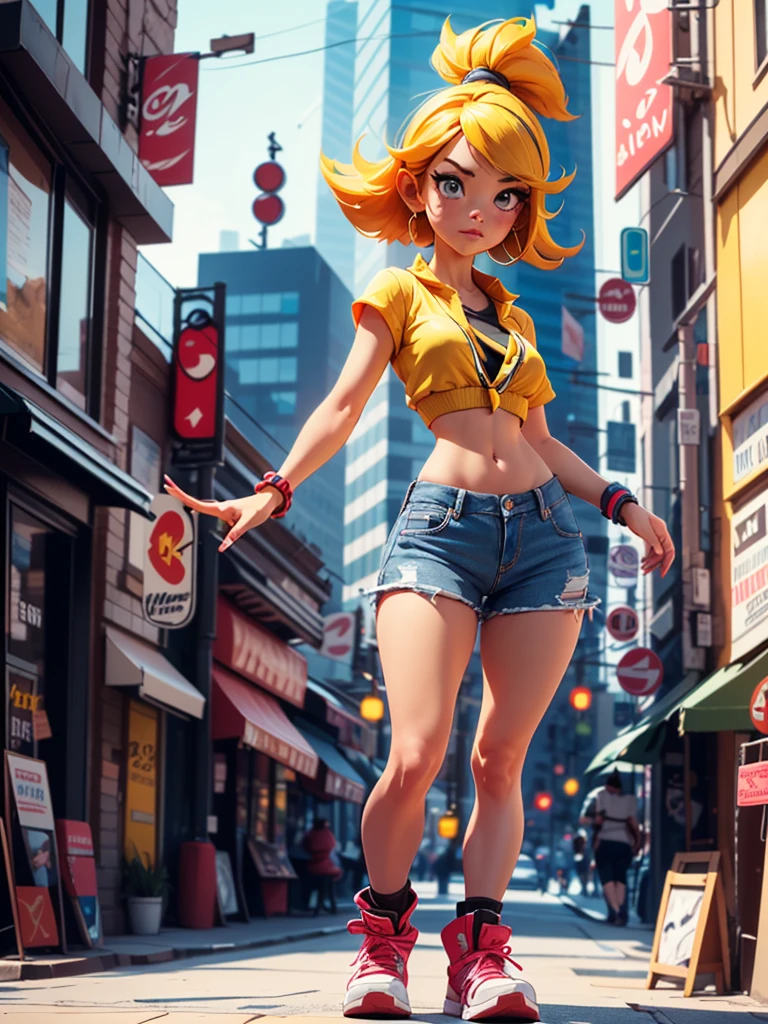 1 female, solo, Misty from Pokemon, masterpiece, very detailed, EnvyBetterHands LoCon, standing position, streets background, realistic body proportion, wearing a denim short, yellow crop top with straps, EnvyBetterHands LoCon