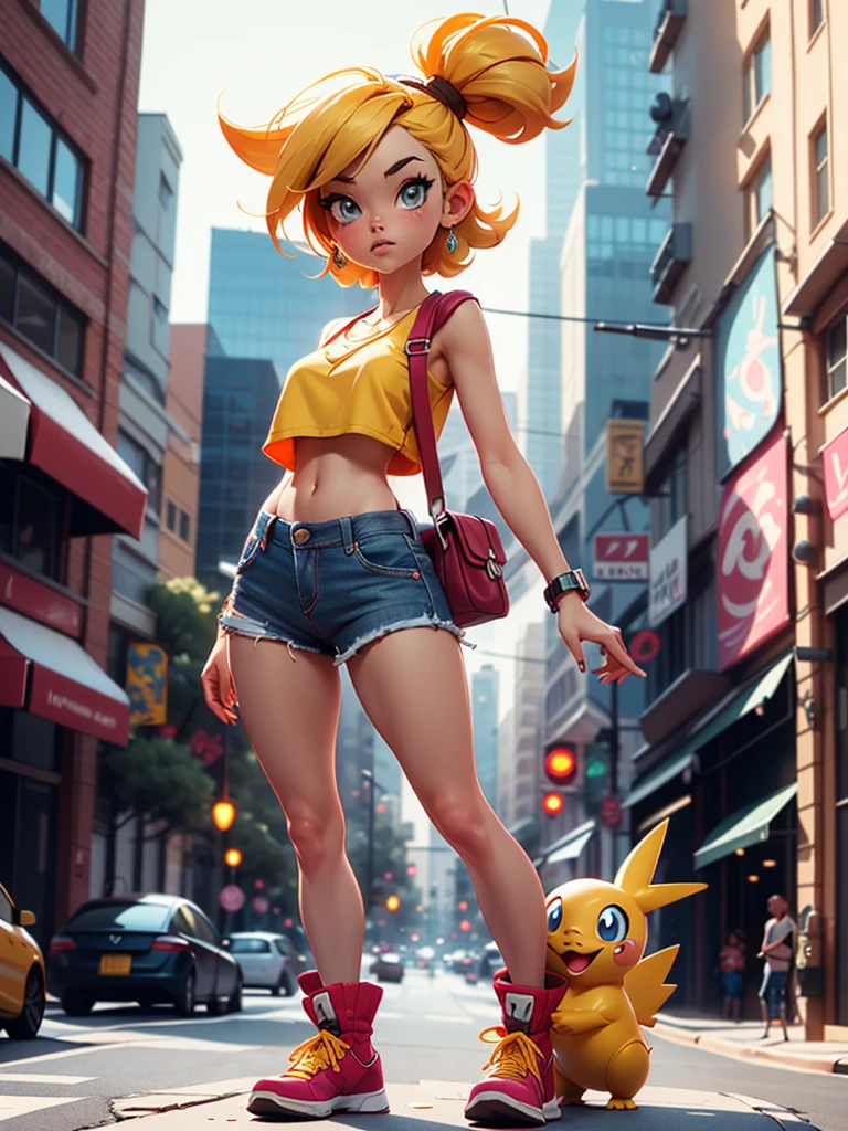 1 female, solo, Misty from Pokemon, masterpiece, very detailed, EnvyBetterHands LoCon, standing position, streets background, realistic body proportion, wearing a denim short, yellow crop top with straps, EnvyBetterHands LoCon