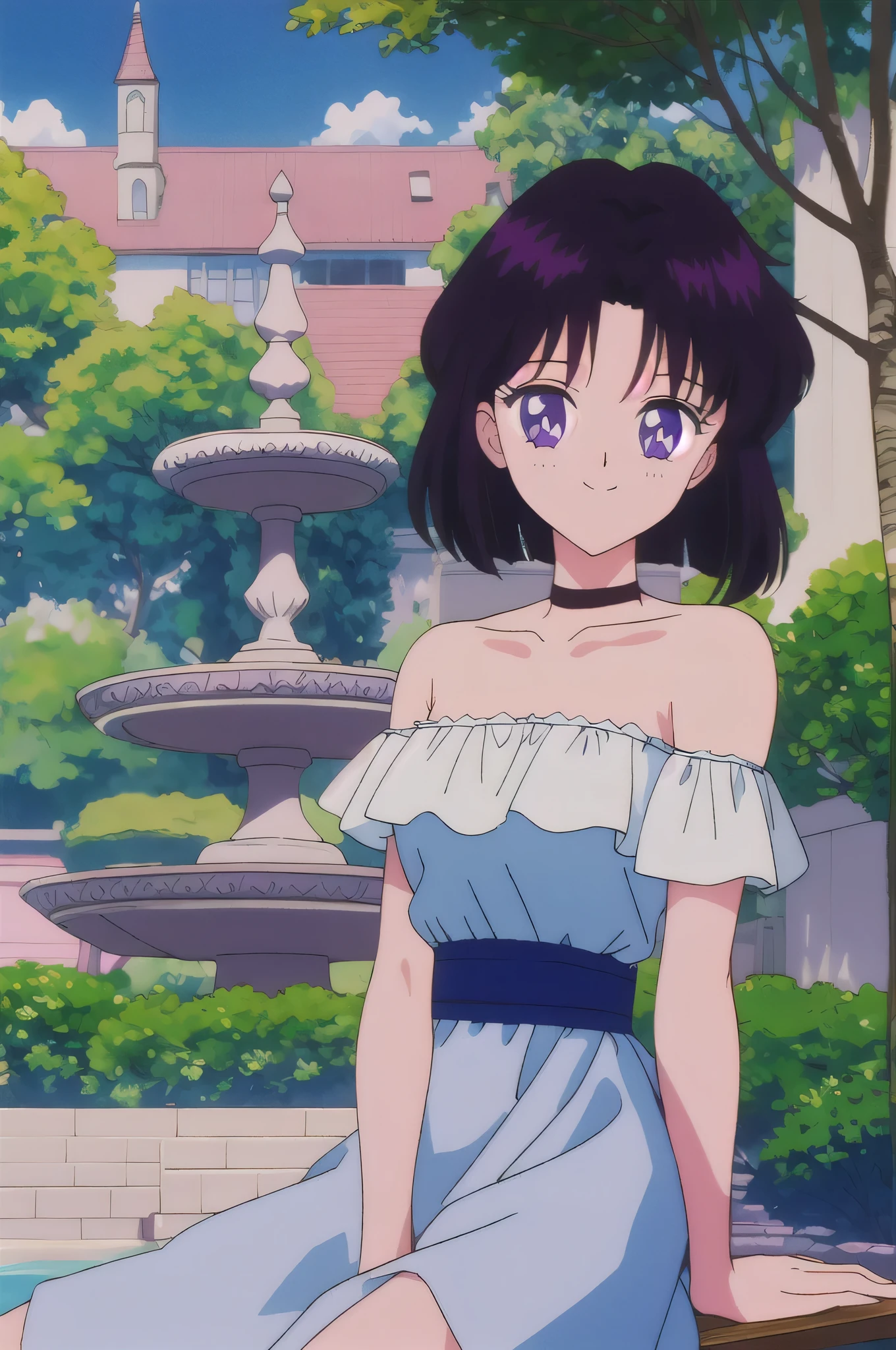 Hotaru Tomoe, 1 girl, solo, Best quality, masterpiece, High Definition, Teenager, Purple Eyes, Beautiful Detail Eyes, Black Bob Hair, Good hands at sides, Seductive Smile, Blushing, Bare Neck, Bare Shoulders, strapless white ruffle off the shoulder short dress. Sitting on a park bench. Cowboy shot. A landscape of blue skies, a mansion, an garden maze, a water fountain, close up portrait 

