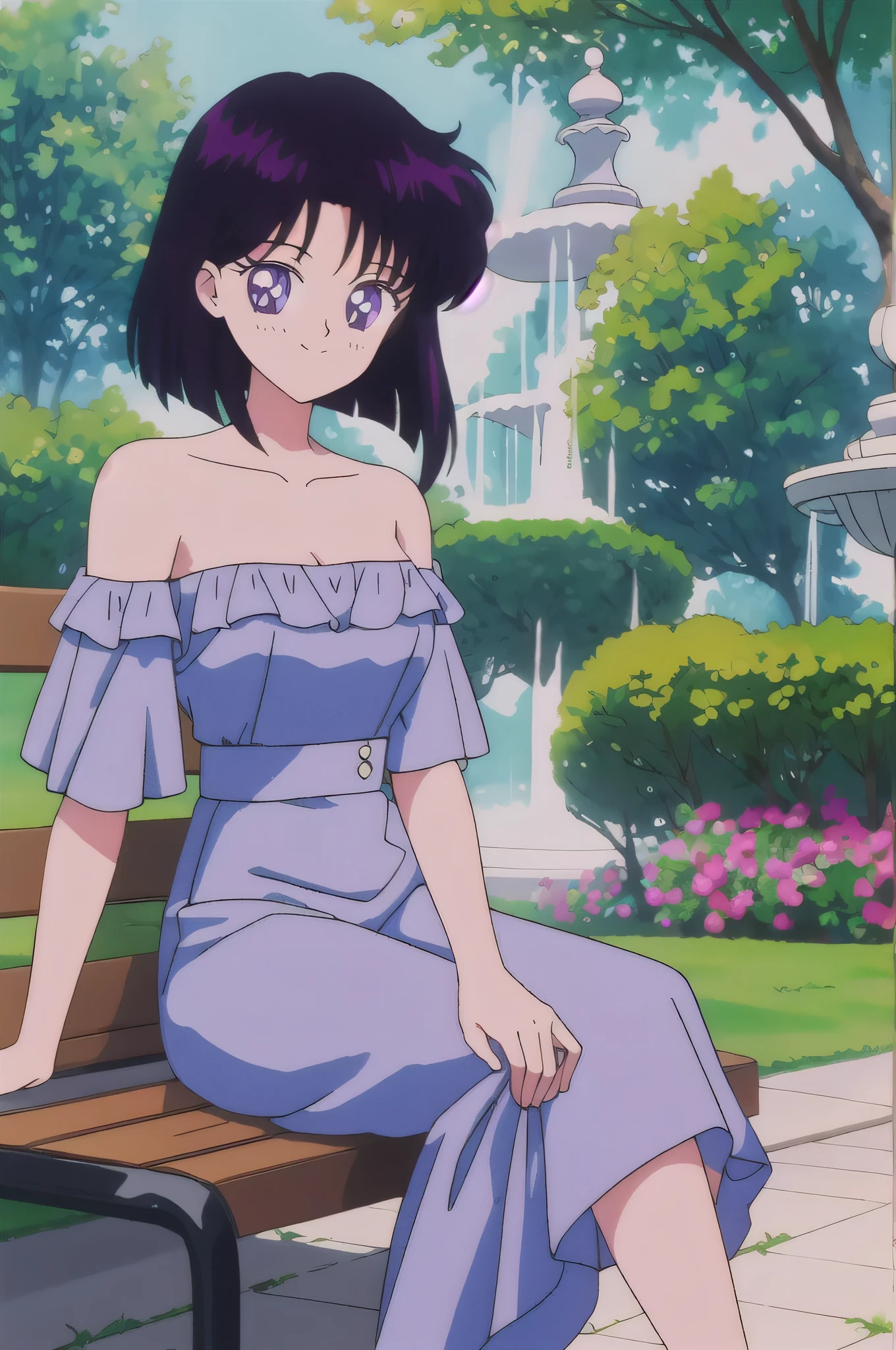 Hotaru Tomoe, 1 girl, solo, Best quality, masterpiece, High Definition, Teenager, Purple Eyes, Beautiful Detail Eyes, Black Bob Hair, Good hands at sides, Seductive Smile, Blushing, Bare Neck, Bare Shoulders, strapless white ruffle off the shoulder short dress. Sitting on a park bench. Cowboy shot. A landscape of blue skies, a mansion, an garden maze, a water fountain, close up portrait 
