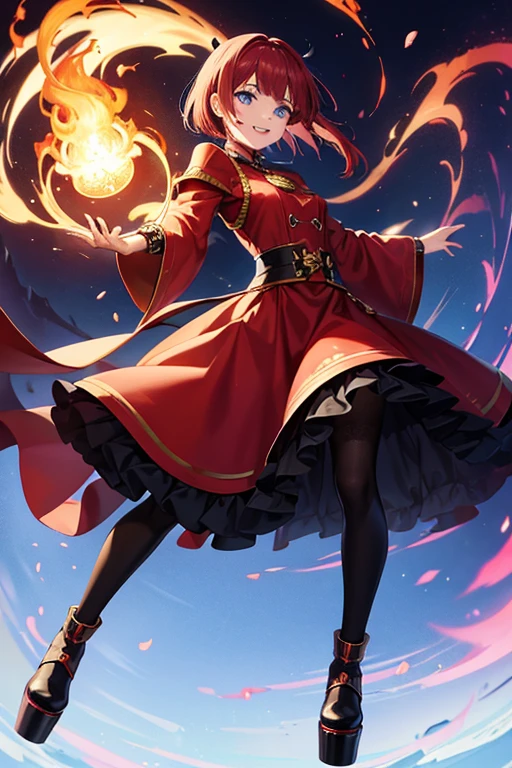 Anime Art、Full body portrait、Fantasy World Fire Wizard、In town、A woman around 160cm tall, around 27 years old, wearing a crimson gothic dress, walking surrounded by flames.、Black tights、Red hair medium、Wicked Smile、Creepy Smile、unpleasant laughter、Laughing with mouth open、Fished out eyes、Eyes wide open、Small eyes、Blue Eyes、Platform boots、Gold Bracelet