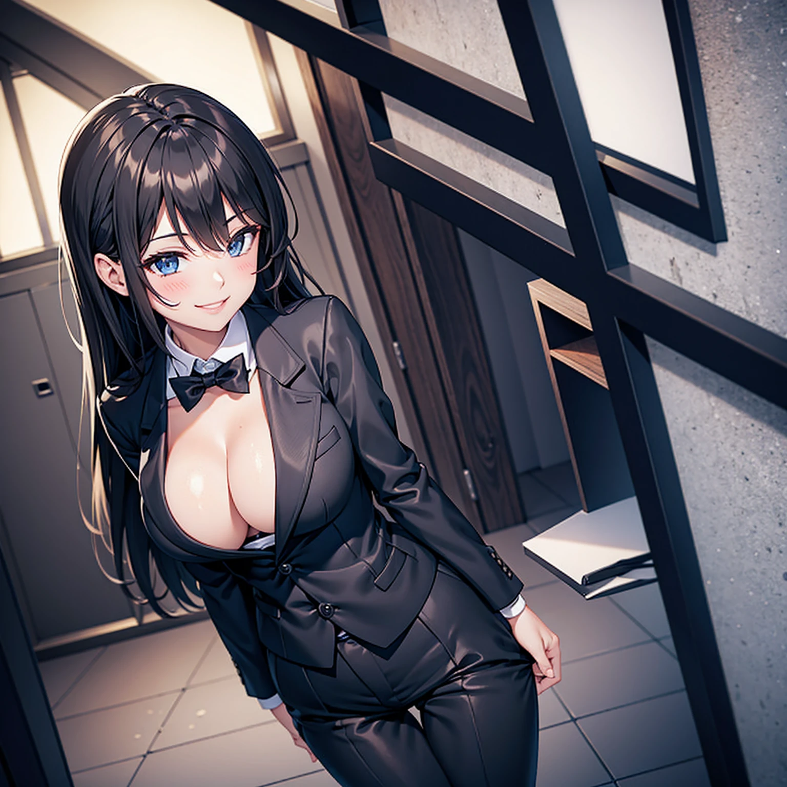 Sexy woman in a black suit tie smile