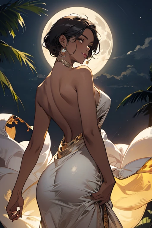 1womanl, brunette skin, a little overweight, breasts small, dazzling, with a dress that covers the body, leopard print, thin straps and reaches mid-thigh height!! look that conveys strength, full lips and slight smile, full moon background that fills the center of the image, the woman stands in front of the moon being illuminated by the moon, beautiful shine, beautiful contrast, light glow in direction from top to bottom in 45 degrees from left to right and another light glow from bottom to top in yellow color in 45 degrees. 