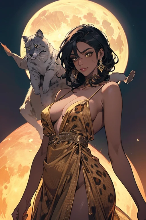 Woman with dark skin, a little overweight, breasts small, dazzling, in a mid-thigh-length spaghetti-strap leopard dress. Powerful look, full lips with nude lipstick and a slight smile. Full moon in the background that fills the center of the image, the woman in front of the moon, illuminated by a glow of yellow light coming from bottom to top at 45 degrees and another glow of white light from top to bottom at 45 degrees. THE WOMAN HAS THE BACK, looking over his shoulder.