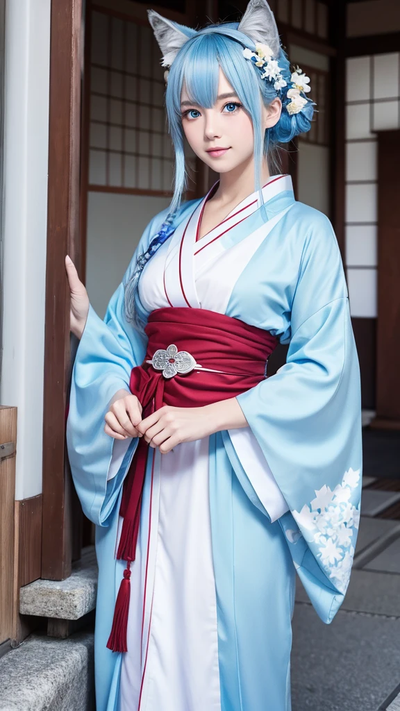 An illustration、Japanese 、White skin、blue eyes、Light blue hair（Wolf Cut）、kimono（Miko costume）、examiner、