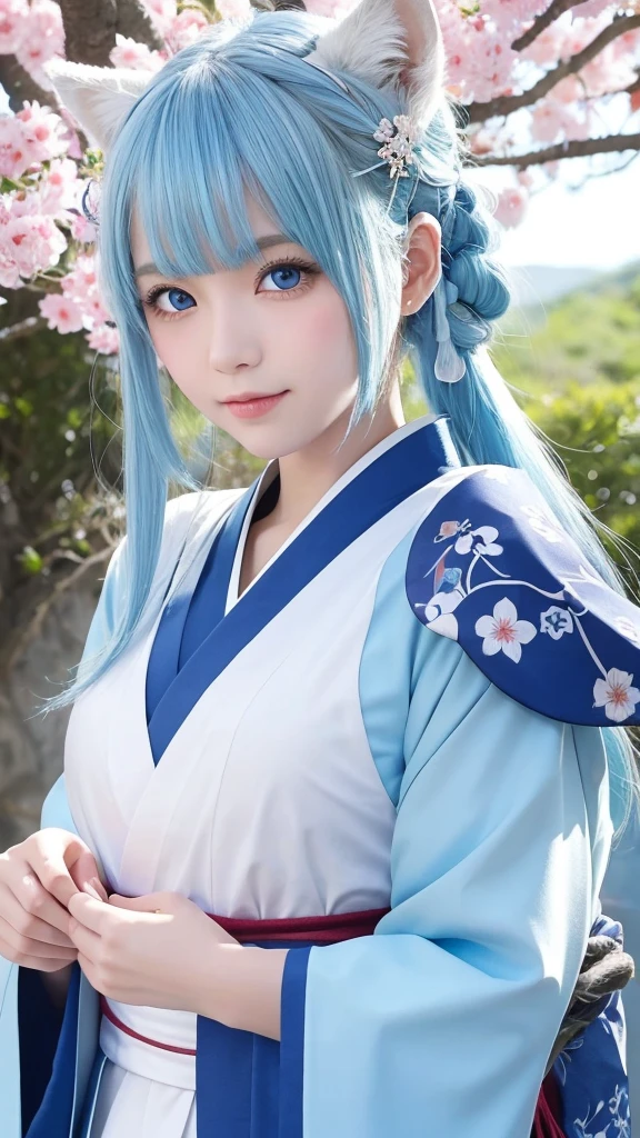 An illustration、Japanese 、White skin、blue eyes、Light blue hair（Wolf Cut）、kimono（Miko costume）、examiner、