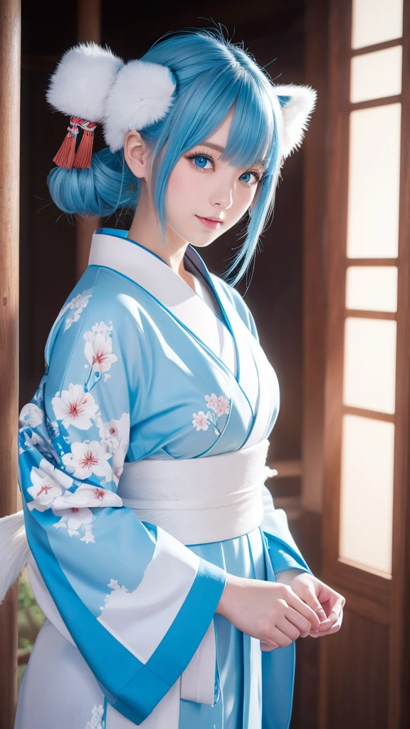 An illustration、Japanese 、White skin、blue eyes、Light blue hair(Wolf Cut)、kimono(Miko costume)、examiner、