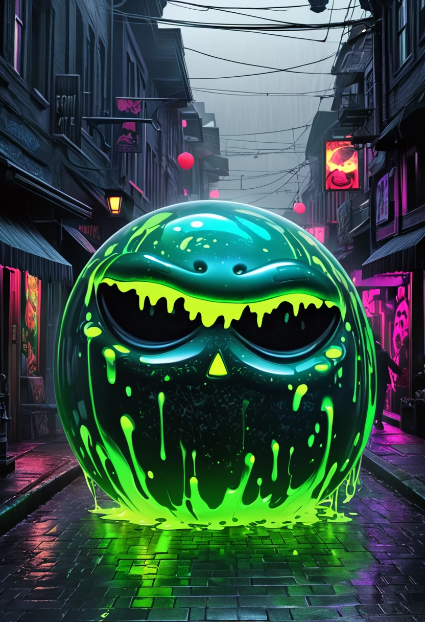 conceptual installation art, bad round shaped slime made of metal plated, bad face, evil smile, covered in fluorescent tattoos, strolls around town, (ultra detailed, absolutely resolution, best quality:1.3), 2.5D, delicate and dynamic, hyper realistic, artistic photography, graphic CG digital art, shading effects, gradation magic effects, foggy filter effect, black-light effects, dark fantasy, cartoon-style
