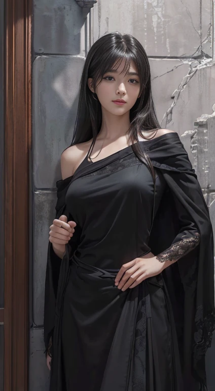 (Ultra-realistic realism)、(illustratio)、(A high resolution)、(8k)、(The is very detailed)、(Best Illustration)、(Beautifully detailed eyes)、(top-quality)、(ultra - detailed)、(tmasterpiece)、(the wallpaper)、(A detailed face)、solo、1 girl in、looking at viewert、finedetail、A detailed face、in the darkness nigth、deep shading、low tune、pureerosfaceace_v1、A smile、Long、Black shawl straight hair、46-point diagonal bangs, (silk dress、long skirt)(cropped shoulders)The view of the castle、、Stand against the wall