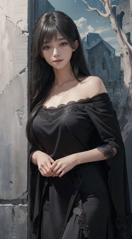 (Ultra-realistic realism)、(illustratio)、(A high resolution)、(8k)、(The is very detailed)、(Best Illustration)、(Beautifully detailed eyes)、(top-quality)、(ultra - detailed)、(tmasterpiece)、(the wallpaper)、(A detailed face)、solo、1 girl in、looking at viewert、finedetail、A detailed face、in the darkness nigth、deep shading、low tune、pureerosfaceace_v1、A smile、Long、Black shawl straight hair、46-point diagonal bangs, (silk dress、long skirt)(cropped shoulders)The view of the castle、、Stand against the wall