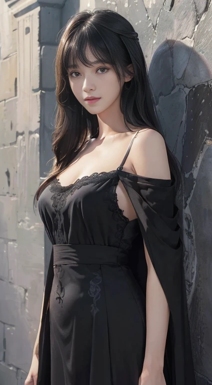 (Ultra-realistic realism)、(illustratio)、(A high resolution)、(8k)、(The is very detailed)、(Best Illustration)、(Beautifully detailed eyes)、(top-quality)、(ultra - detailed)、(tmasterpiece)、(the wallpaper)、(A detailed face)、solo、1 girl in、looking at viewert、finedetail、A detailed face、in the darkness nigth、deep shading、low tune、pureerosfaceace_v1、A smile、Long、Black shawl straight hair、46-point diagonal bangs, (silk dress、long skirt)(cropped shoulders)The view of the castle、、Stand against the wall