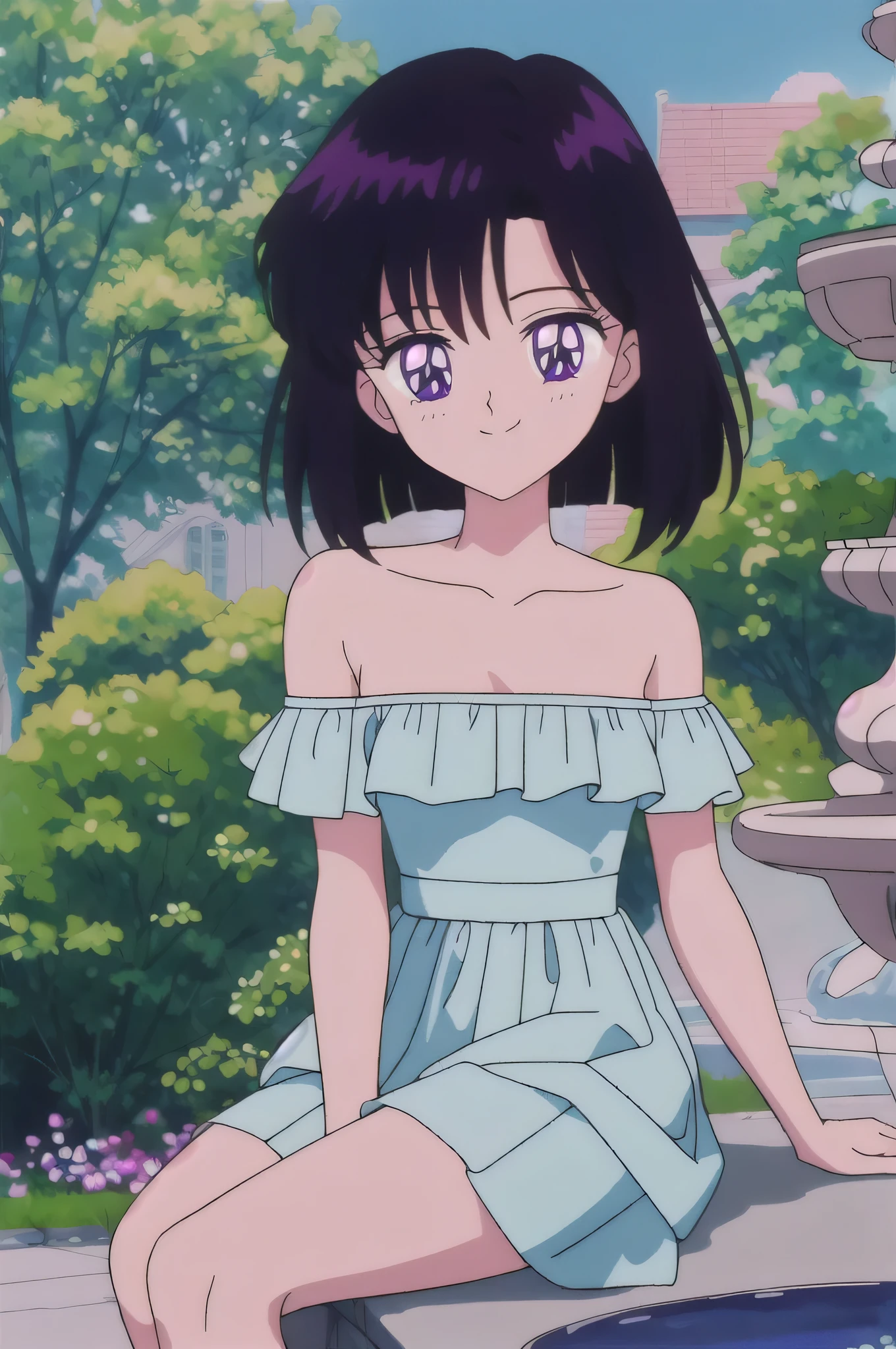 Hotaru Tomoe, 1 girl, solo, Best quality, masterpiece, High Definition, Teenager, Purple Eyes, Beautiful Detail Eyes, Black Bob Hair, Good hands at sides, Seductive Smile, Blushing, Bare Neck, Bare Shoulders, strapless white ruffle off the shoulder short dress. Sitting on a park bench. Cowboy shot. A landscape of blue skies, a mansion, an garden maze, a water fountain, close up portrait