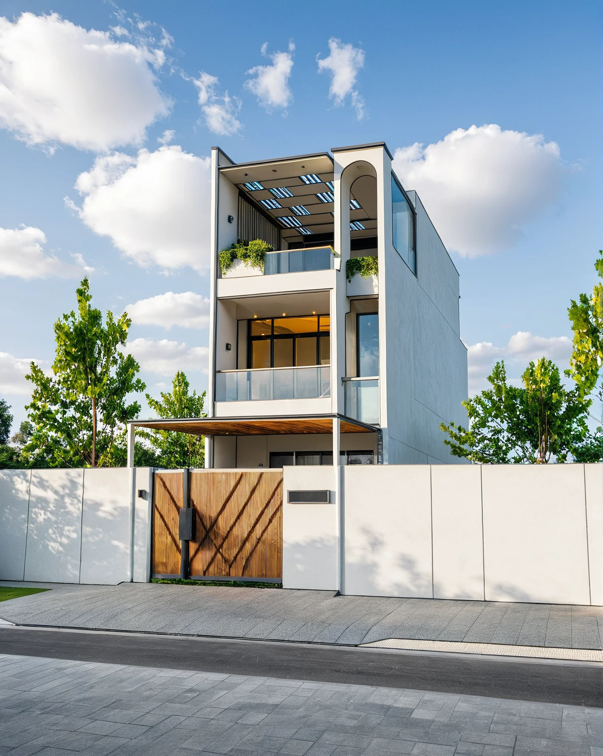 Masterpiece, high quality, best quality, authentic, super detail, outdoors, onestoreyvillaXL, aiaigroup, house style modern on the street ,stairs, white wall ,road,pavement, grass, trees, sky, cloud, (daylight:1.1)
