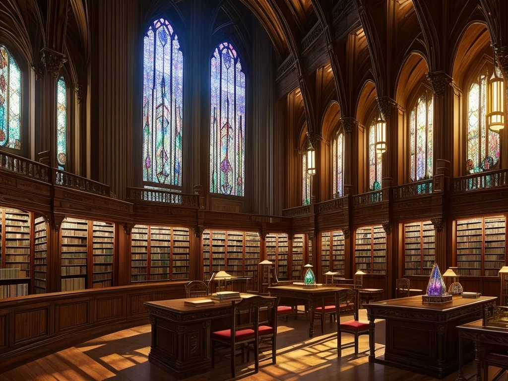 OLD LIBRARY, fantasy world, luminary made of mineral gems, In the background you can see a large stained glass window and several desks with chairs.