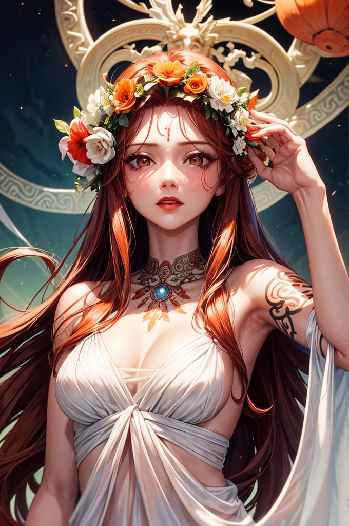 a 25-year-old young woman, with slanted eyes and a thin face, with Orange long hair, fair skin and brown eyes, wearing red lipstick and a white flowery dress, with a tattoo of the medusa from mythology Greek on the arm.