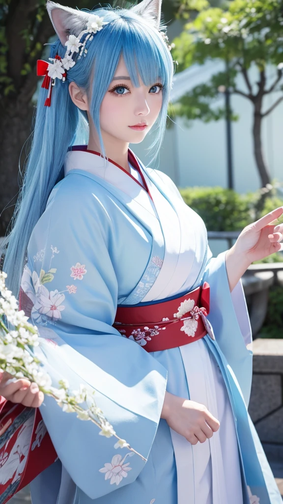 An illustration、Japanese 、White skin、blue eyes、Light blue hair（Wolf Cut）、kimono（Miko costume）、examiner、
