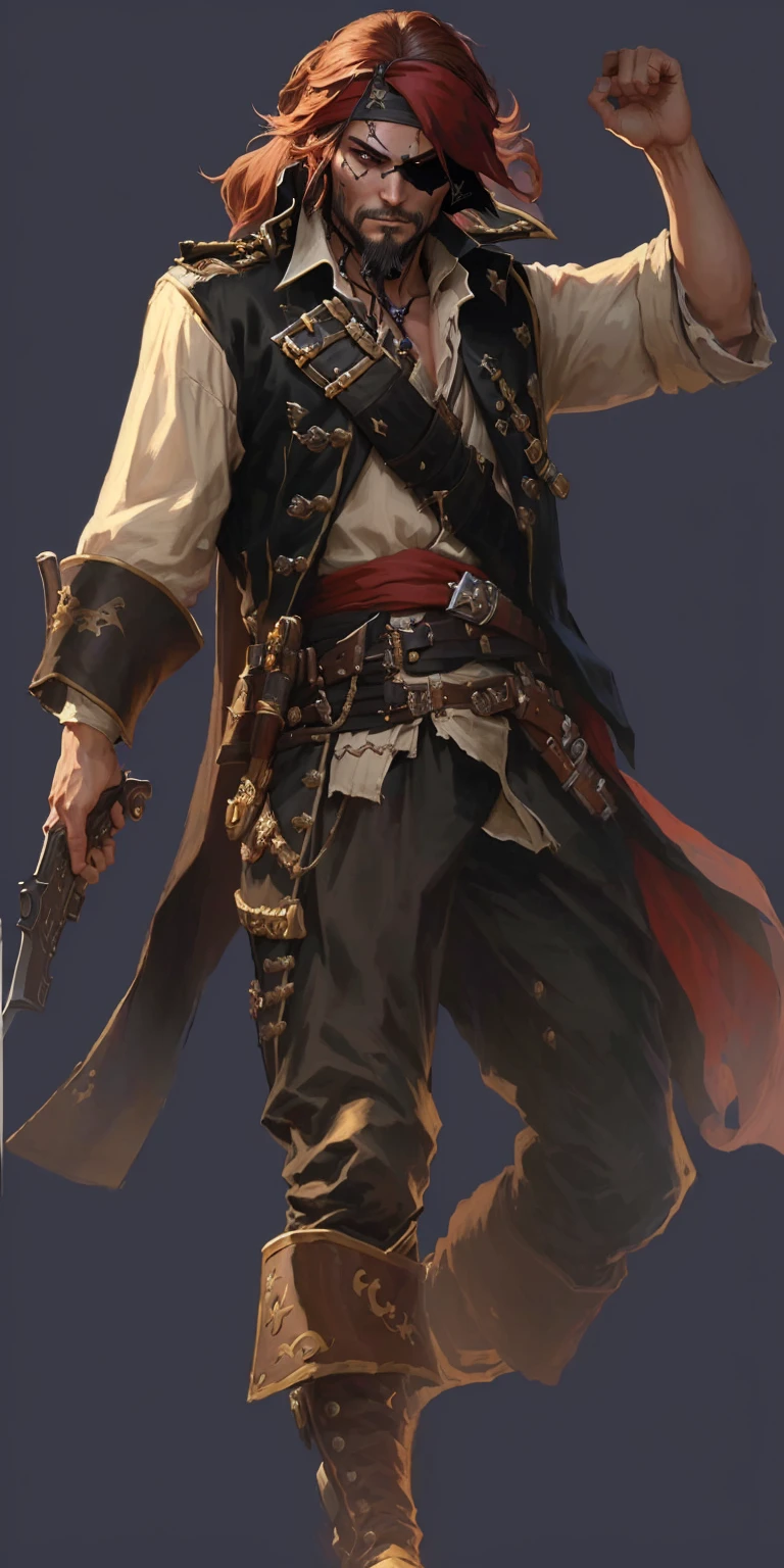 pirate with a sword and a gun in his hand, swashbuckler class pirate, a pirate, pirate, pirate portrait, author：Yang J, pirate captain, Sea of Thieves style, portrait of a young , Bald male knight, Detailed character art, Role Playing Game Character Art, Carl Eugene Kiel (Carl Eugen Keel) of inspiration, author：Yang Borun