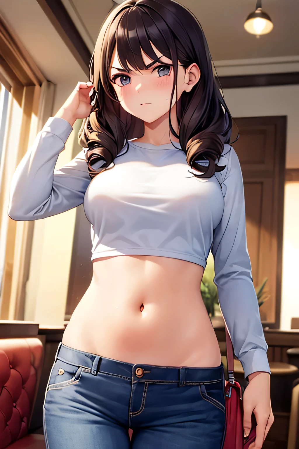 super fine illustration, vibrant colors, masterpiece, sharp focus, best quality, depth of field, cinematic lighting, ultra detailed, cropped shirt, frilled shirt, long sleeves, slim pants, navel, belly button, tummy, 1 woman, solo, milf, very messy hair, slender, blush, annoyed, mature female, tall woman, looking down, v-shaped eyebrows, medium breasts, dark hair, stomach, carrying purse, long curly hair, restaurant
